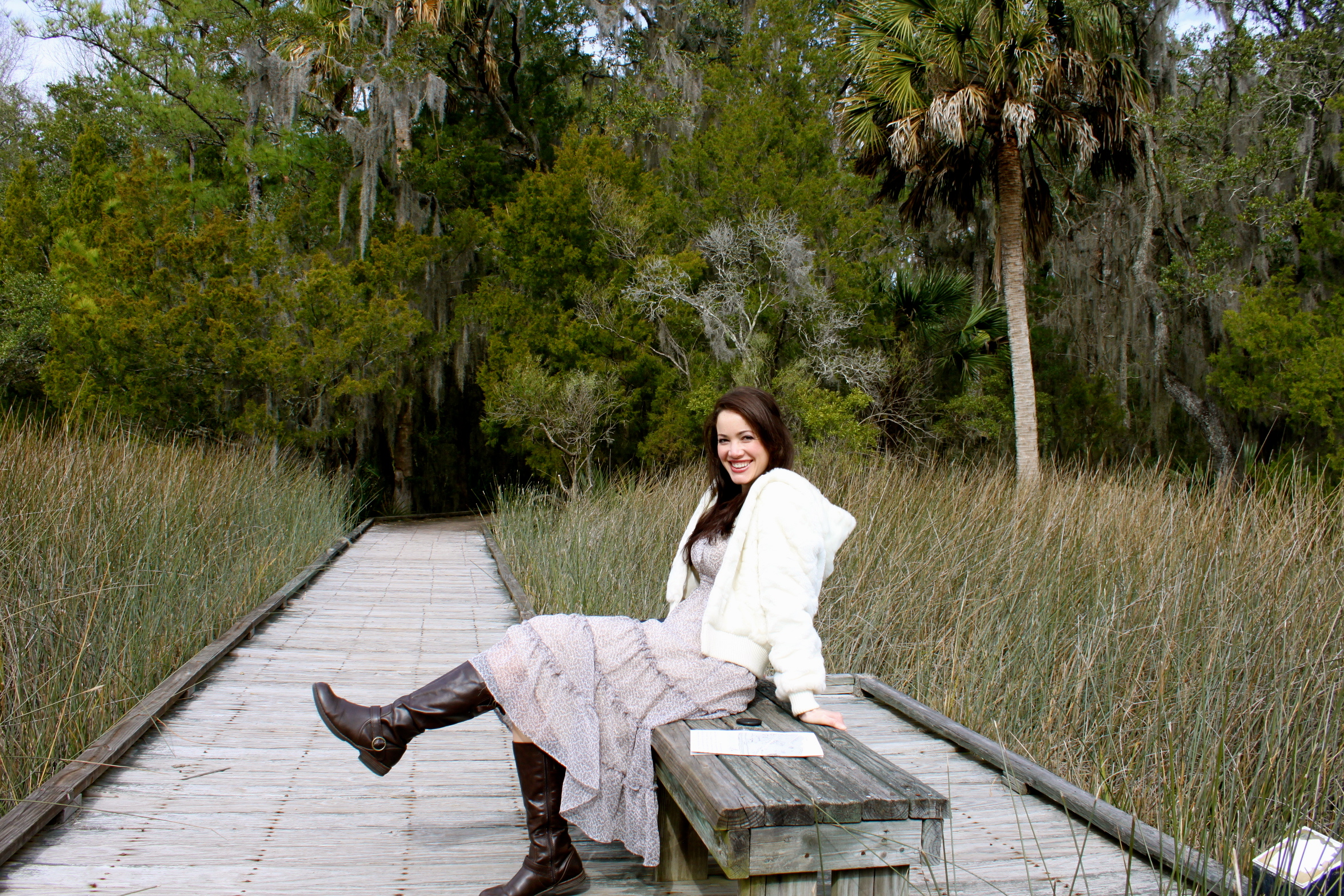 The swampy boardwalk had little benches for sitting, lazing, or kicking up your boot heels.